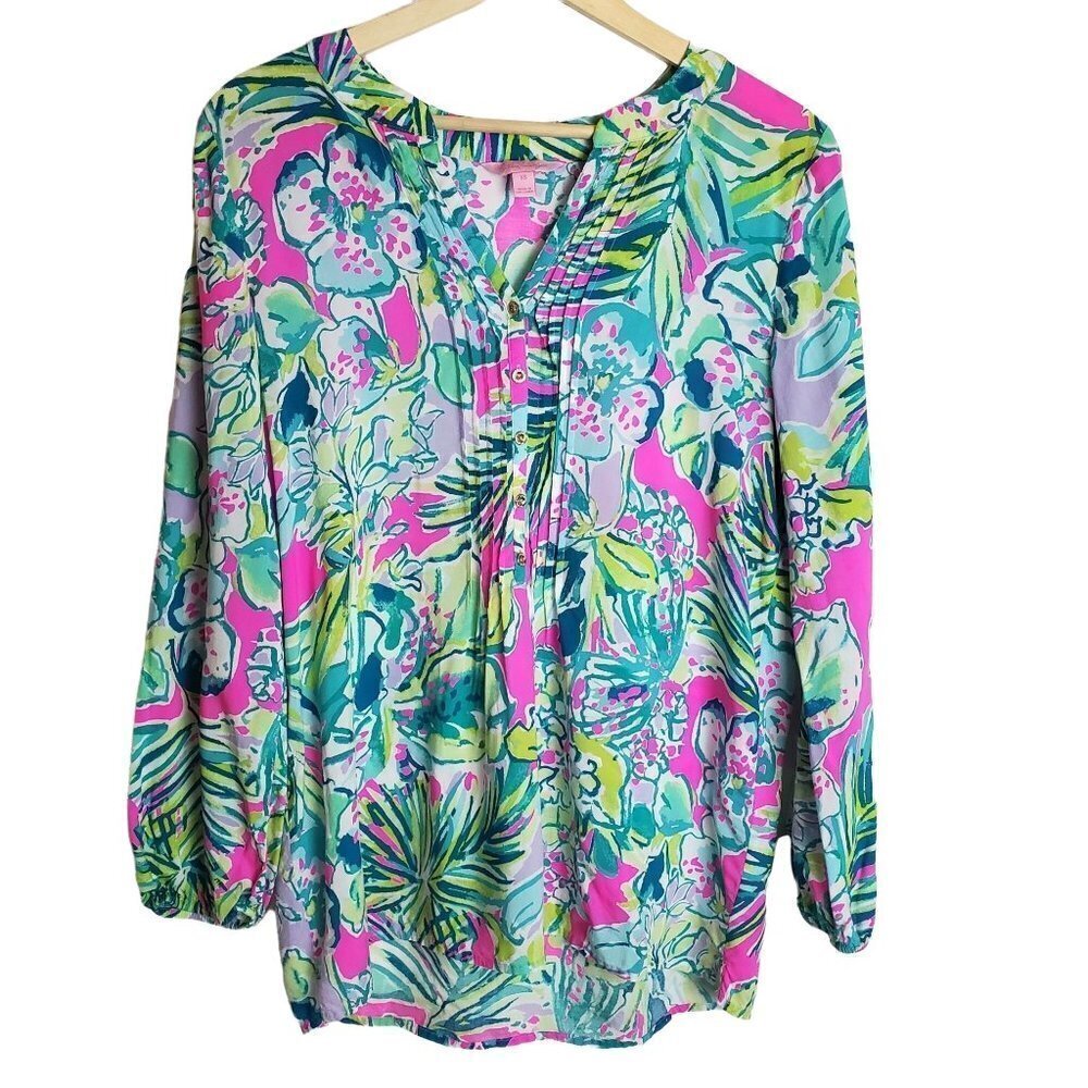LILLY Pulitzer XS Popover Tunic Blouse Long Sleeves Pink Teal‎ Tropical V-neck